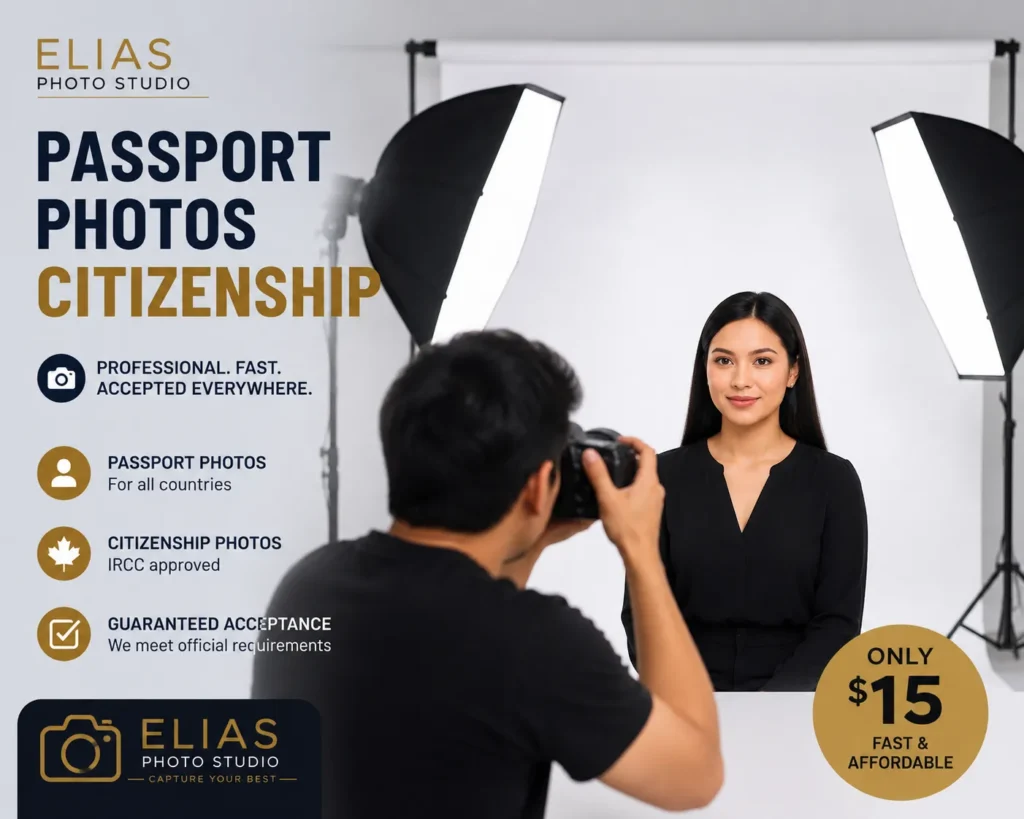 Photographer taking a passport and citizenship photo of a woman in a professional photo studio with white background and studio lights.