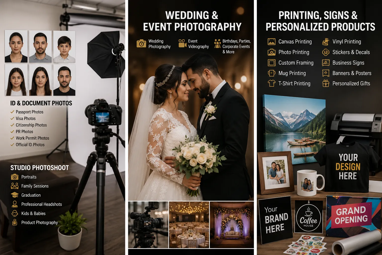 Elias Photo Studio services collage showing ID photos, passport and visa photos, studio portraits, wedding photography, event coverage, printing, framing, vinyl graphics, and personalized gifts in Edmonton.