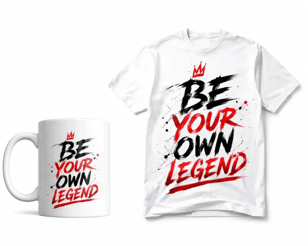 White custom mug and t-shirt with the motivational text “Be Your Own Legend” printed in bold typography.