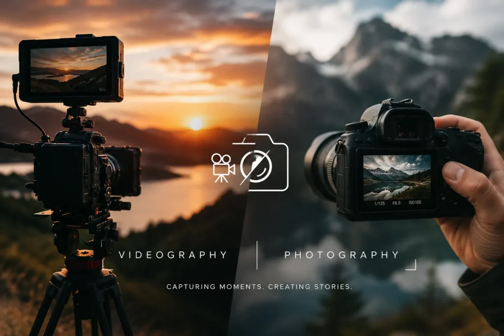 Professional videography and photography setup featuring a cinema video camera and DSLR camera capturing scenic landscapes with cinematic lighting.