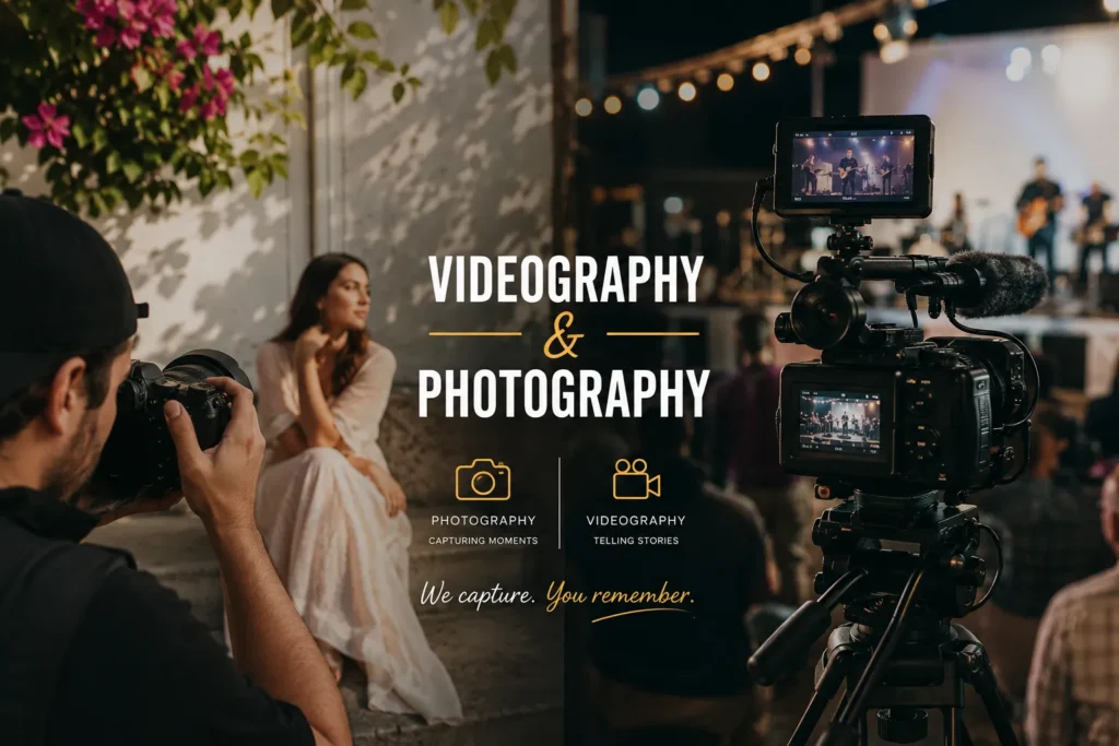 A cinematic split-scene showing a photographer capturing a portrait on the left and a videographer filming a live event with professional cinema cameras on the right, representing photography and videography services.