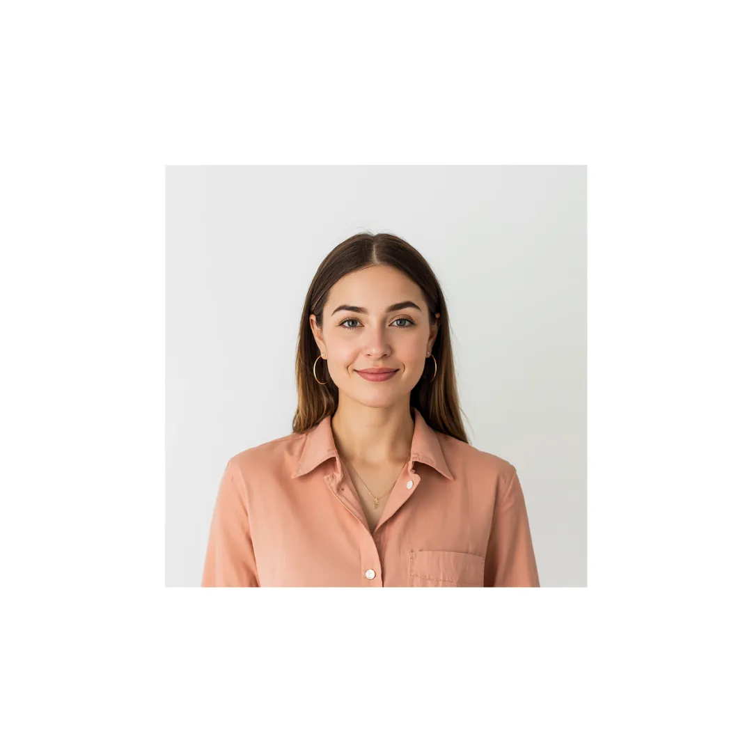 Girl posing for a passport photo against a plain white background in a photo studio.