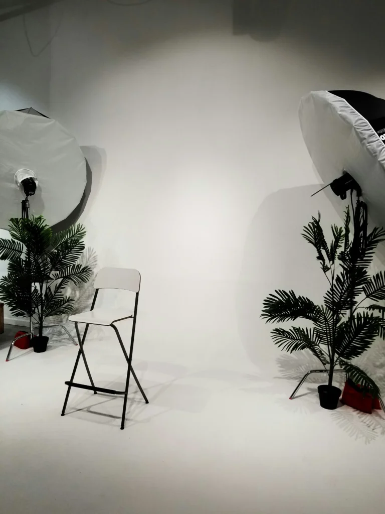 Bright photography studio with balanced lighting, featuring elegant indoor tree decorations and a clean modern setup.